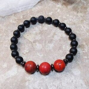 Punk? Grunge? Goth? Vampire? Black + Red Gray + Beaded Stone Bracelet